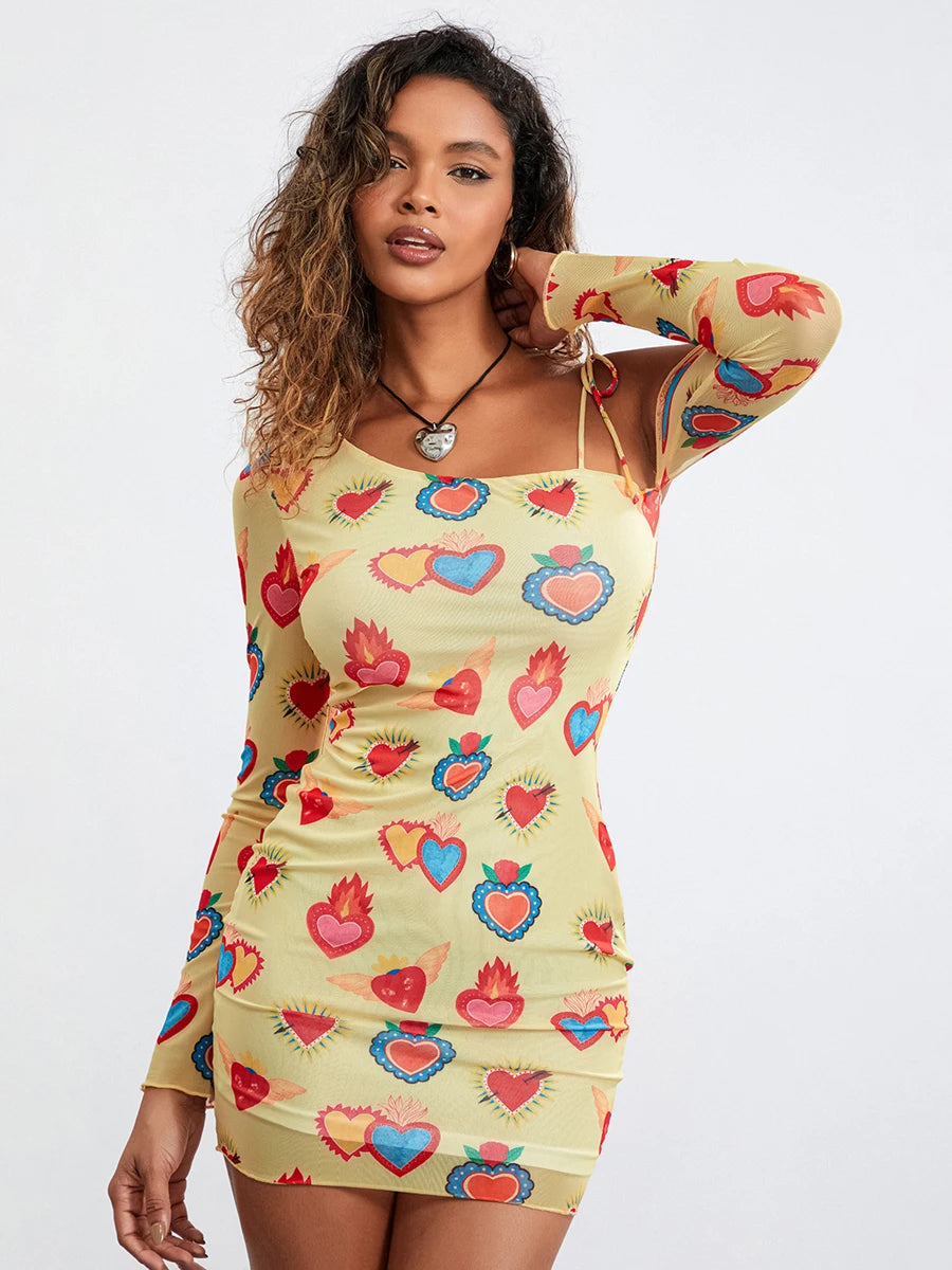 Women s Summer Mini Party Dress Long Sleeve One Shoulder Dress Heart Print Above Knee Dress  Shopella   