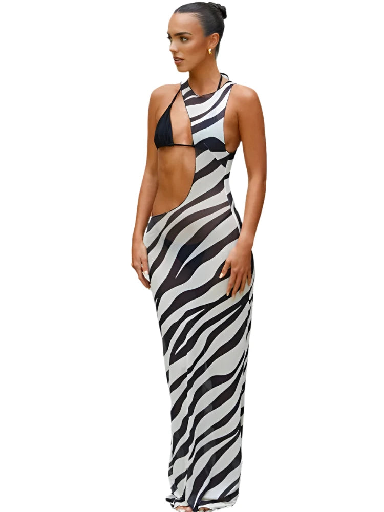 Lola Zebra Print Long Beach Dress  Shopella black L 