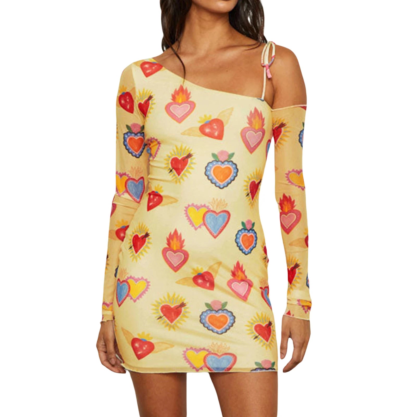 Women s Summer Mini Party Dress Long Sleeve One Shoulder Dress Heart Print Above Knee Dress  Shopella Multicolor M 