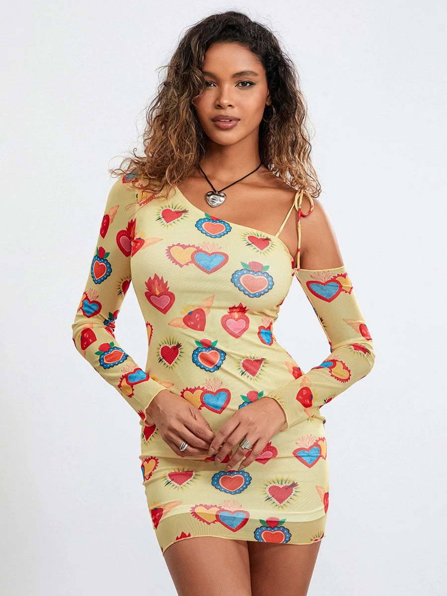 Women s Summer Mini Party Dress Long Sleeve One Shoulder Dress Heart Print Above Knee Dress  Shopella   