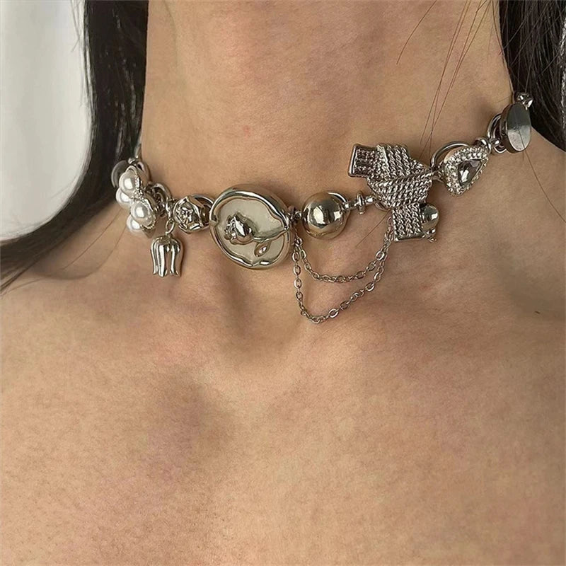 Vintage Bowknot Flower Zircon Choker Necklace  Shopella   