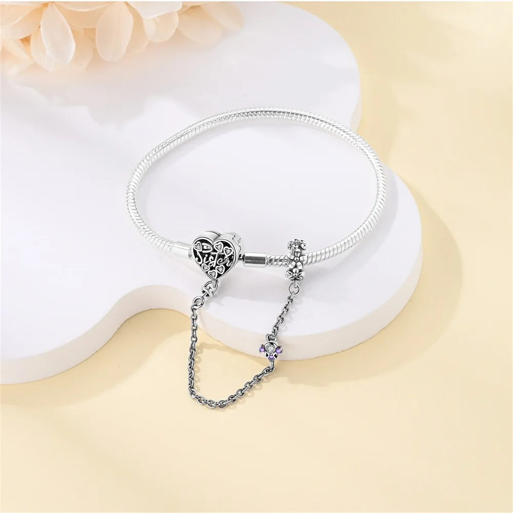 Sterling Silver Charm Bracelet With Heart Safety Chain charm bracelets Dropshipman
