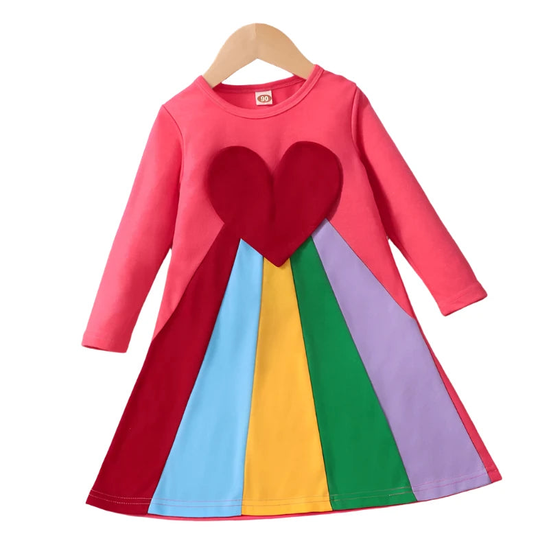 SAILEROAD 2024 Autumn Children's Clothing Heart Rainbow Dresses Long Sleeve Outfit Baby Girls Princess Dress Cotton Kids Clothes  Shopella pink 130 