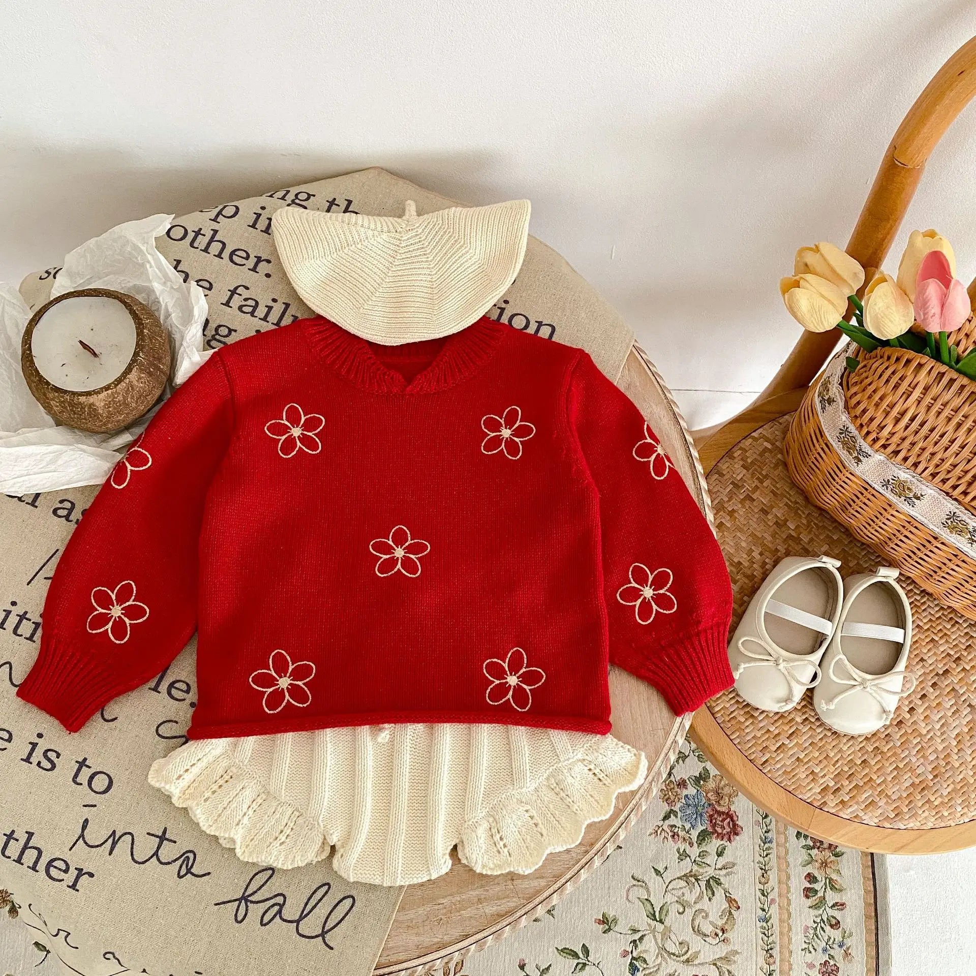 The Elly Flower Embroidered Knitted Top+ pants baby clothing Shopella