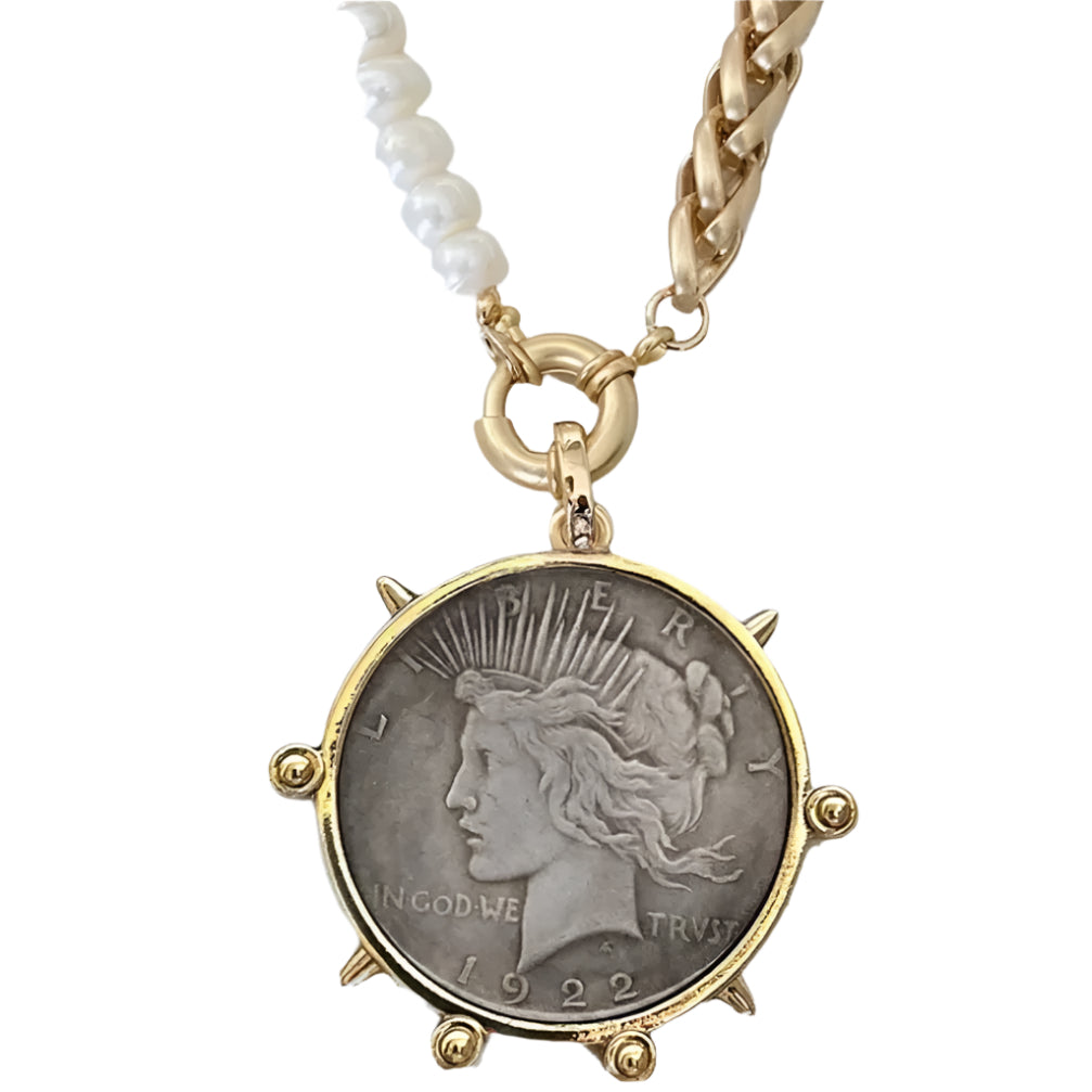 Queen Emblem Big Coin with Pearls necklace Shopella