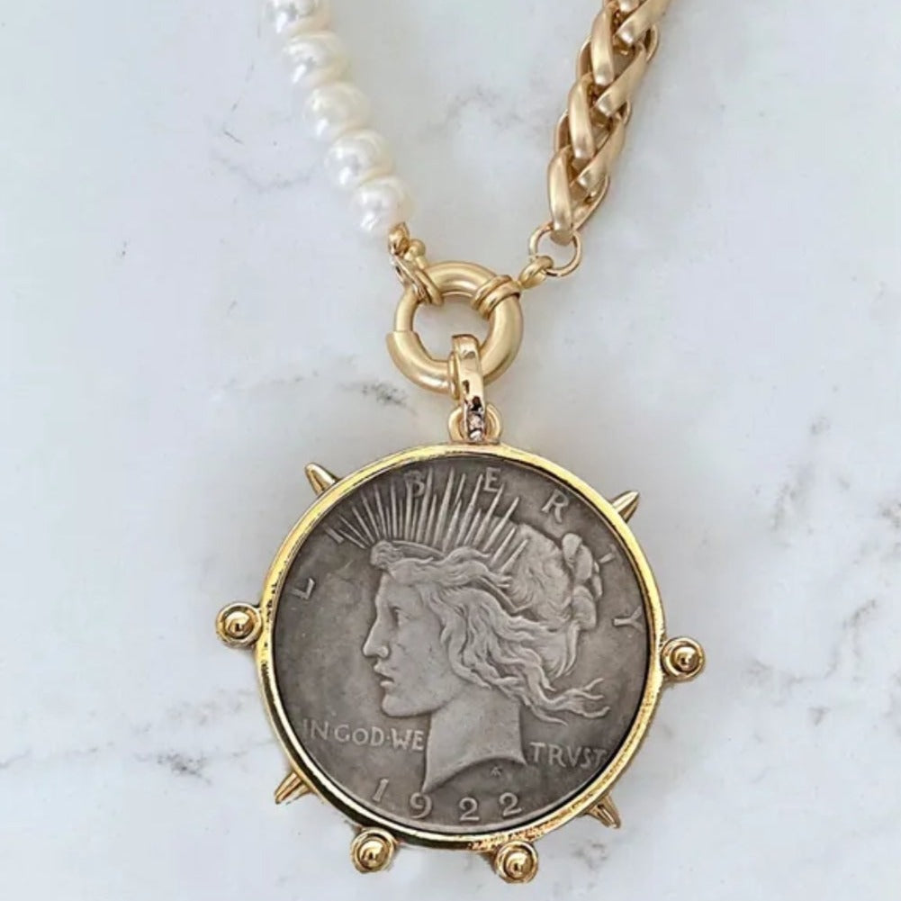 Queen Emblem Big Coin with Pearls necklace Shopella