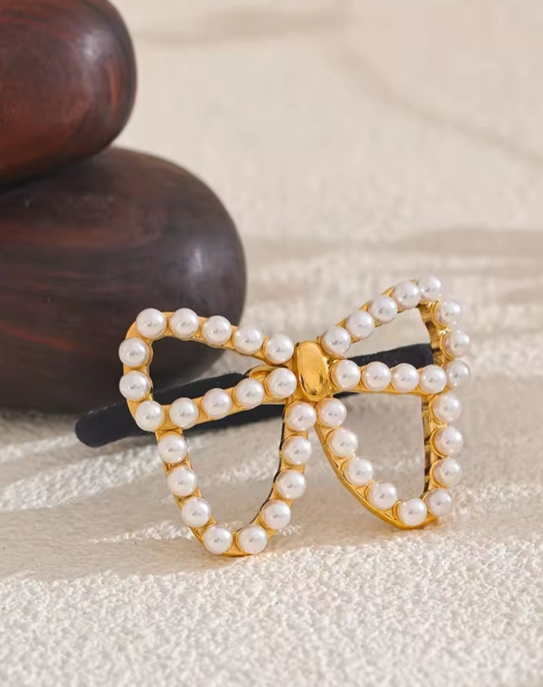 Gold Pearl Bow Hair Band Shopella