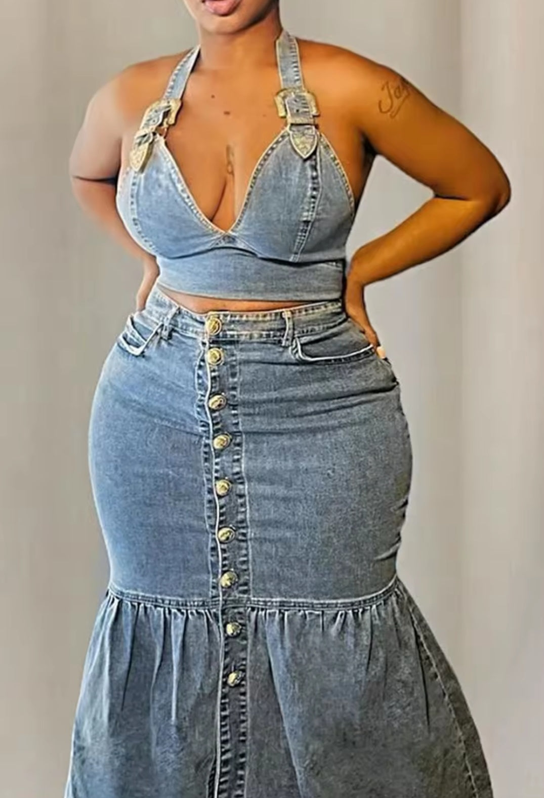 Plus Size Blue V Neck Denim Two Piece Skirt Set for Parties Shopella