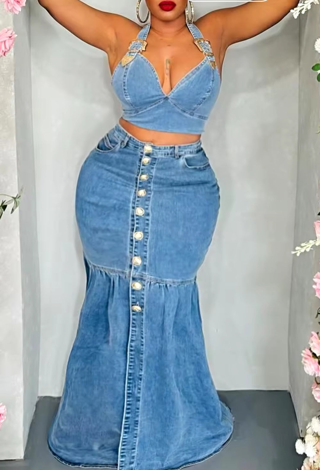 Plus Size Blue V Neck Denim Two Piece Skirt Set for Parties Shopella