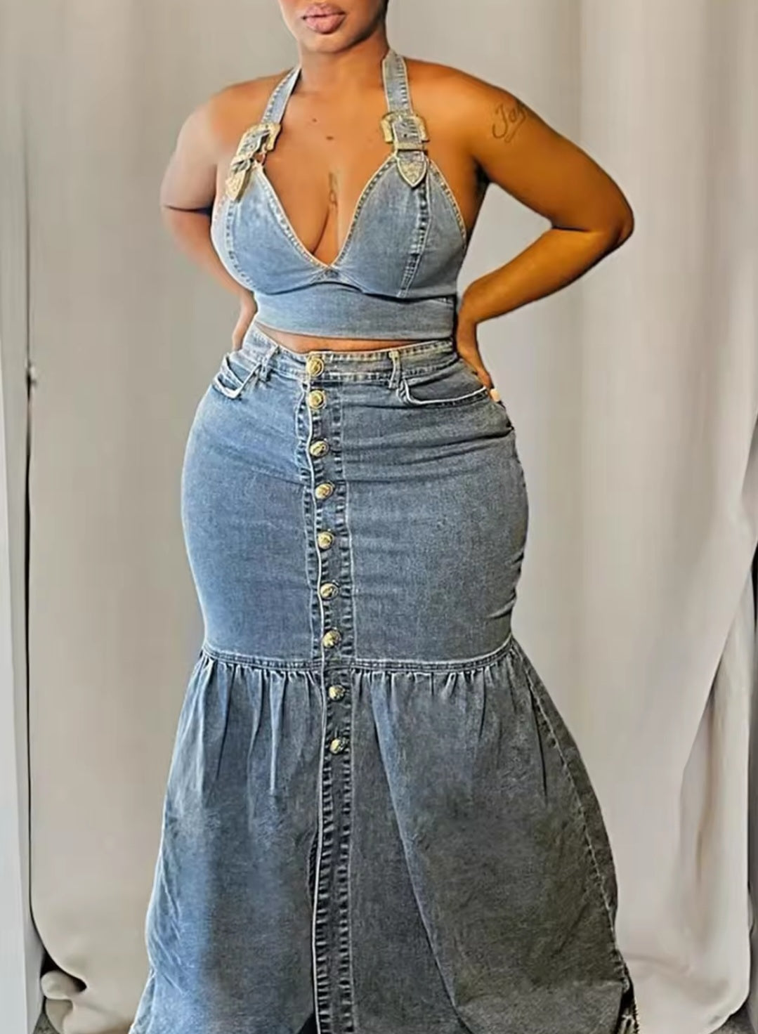 Plus Size Blue V Neck Denim Two Piece Skirt Set for Parties Shopella