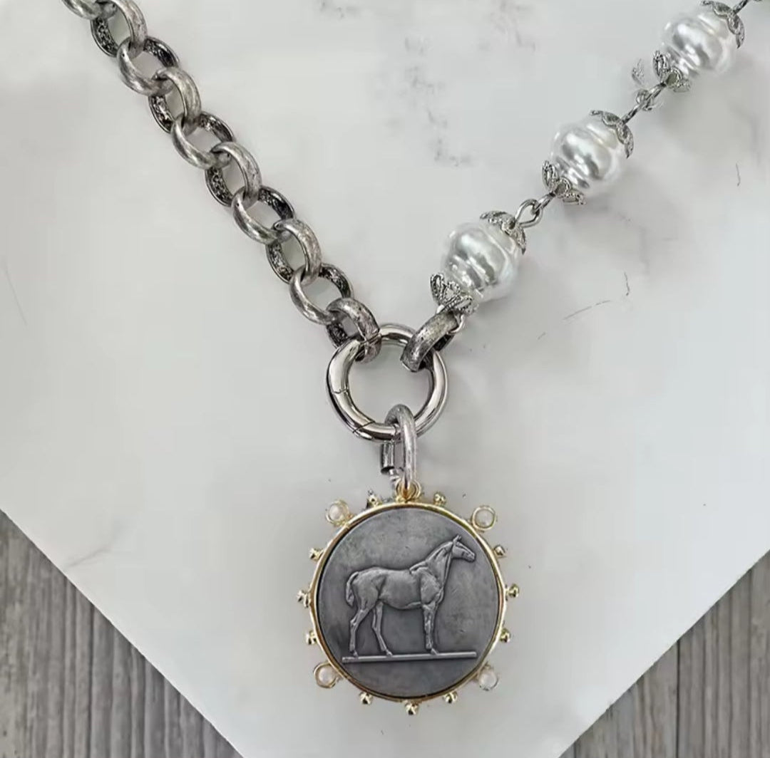 Metal Vintage Charcoal Horse Necklace Shopella