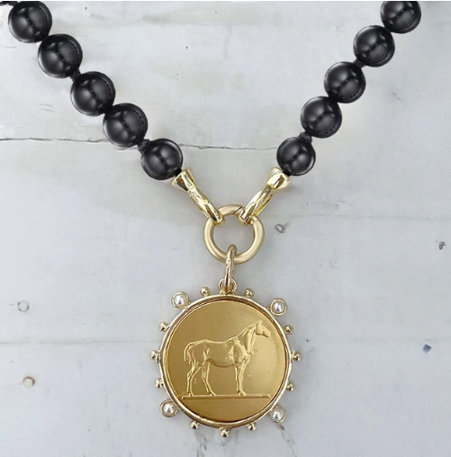 The Black Beads With Gold Plated Horse Emblem necklace Shopella