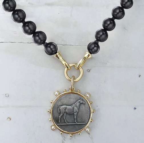 Black Beads with Horse Emblem necklace Shopella