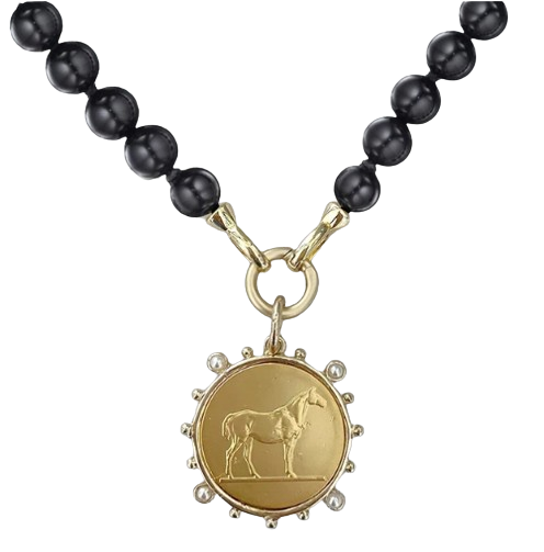 The Black Beads With Gold Plated Horse Emblem necklace Shopella