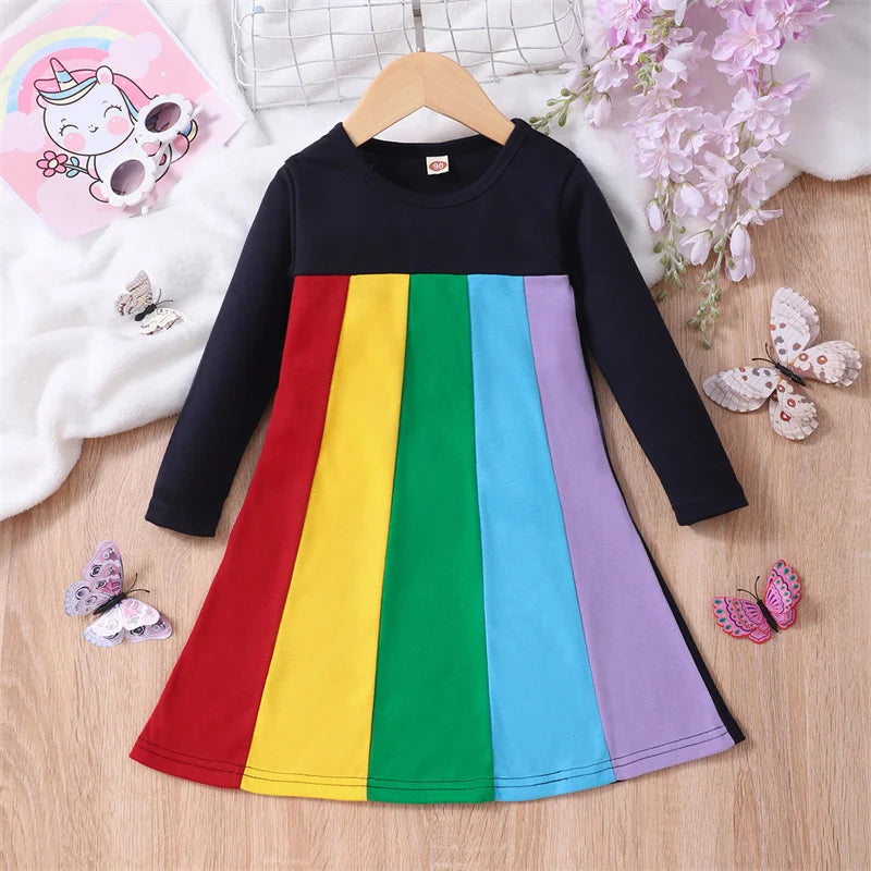 SAILEROAD 2024 Autumn Children's Clothing Heart Rainbow Dresses Long Sleeve Outfit Baby Girls Princess Dress Cotton Kids Clothes  Shopella   