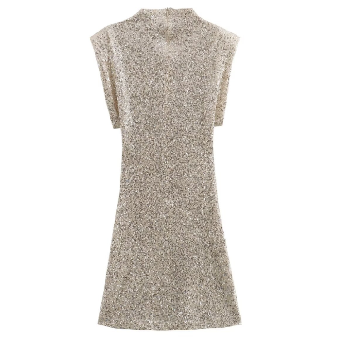 New Women's High Collar Padded Shoulder Sequin Dress  kakaclo   