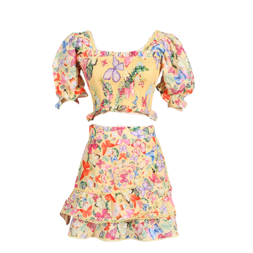 Stylish bohemian square neck puff sleeve top waisted short skirt suit  kakaclo   