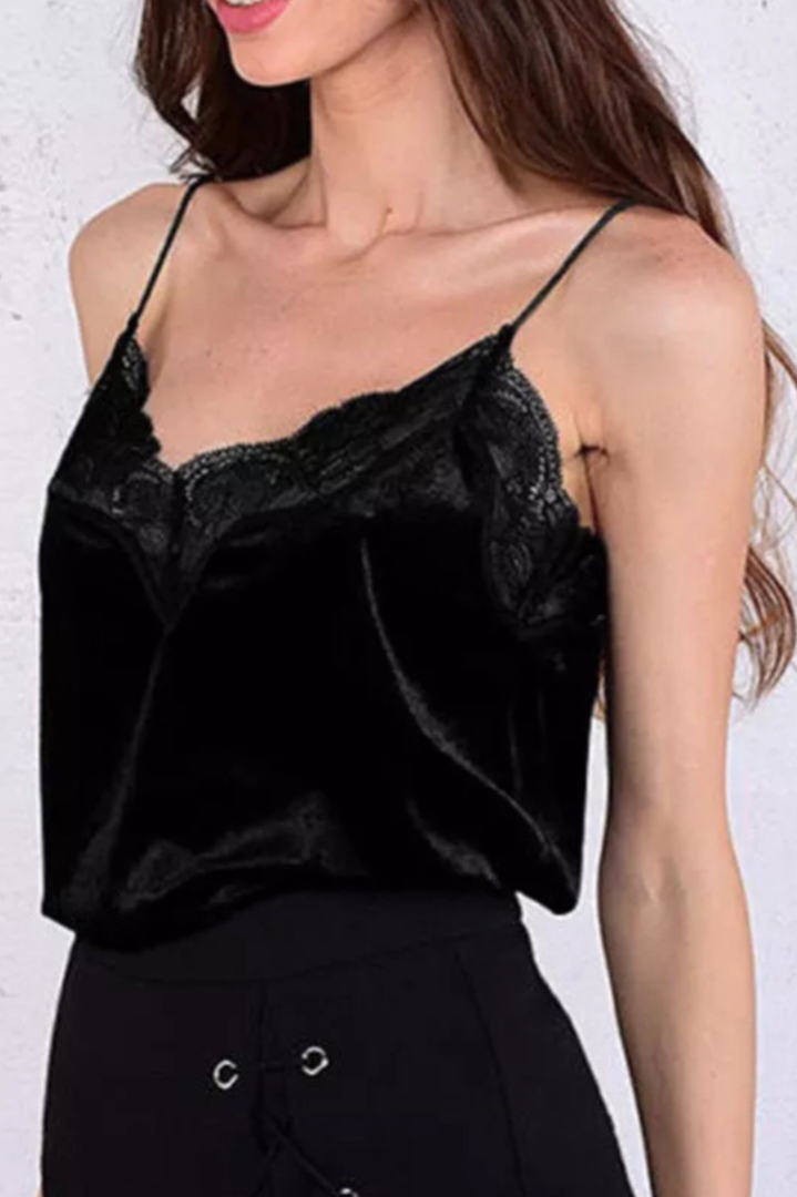 Black velvet Singlet Top With Lace clothing Shopella