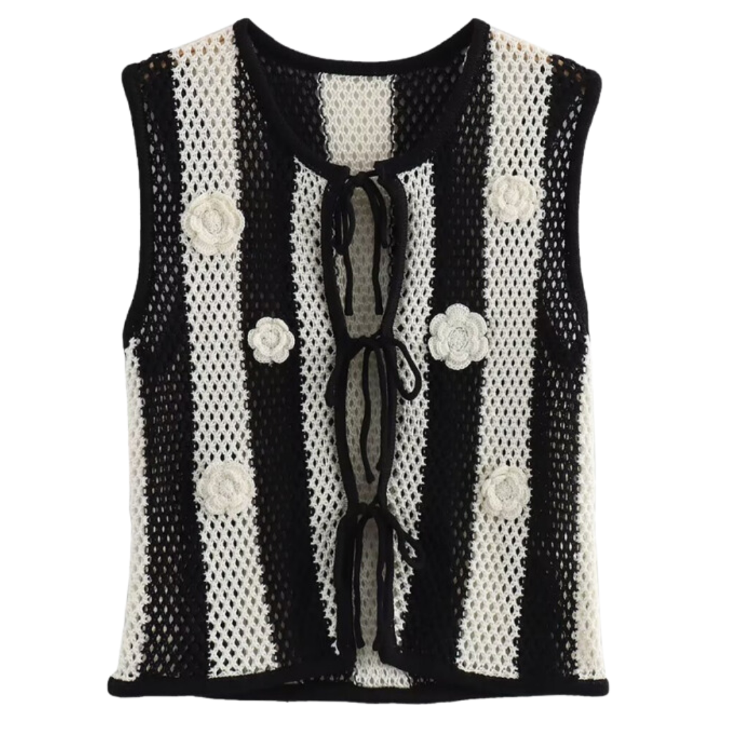 The Rowella Appliqué Lace-Up Knitted Vest  kakaclo   