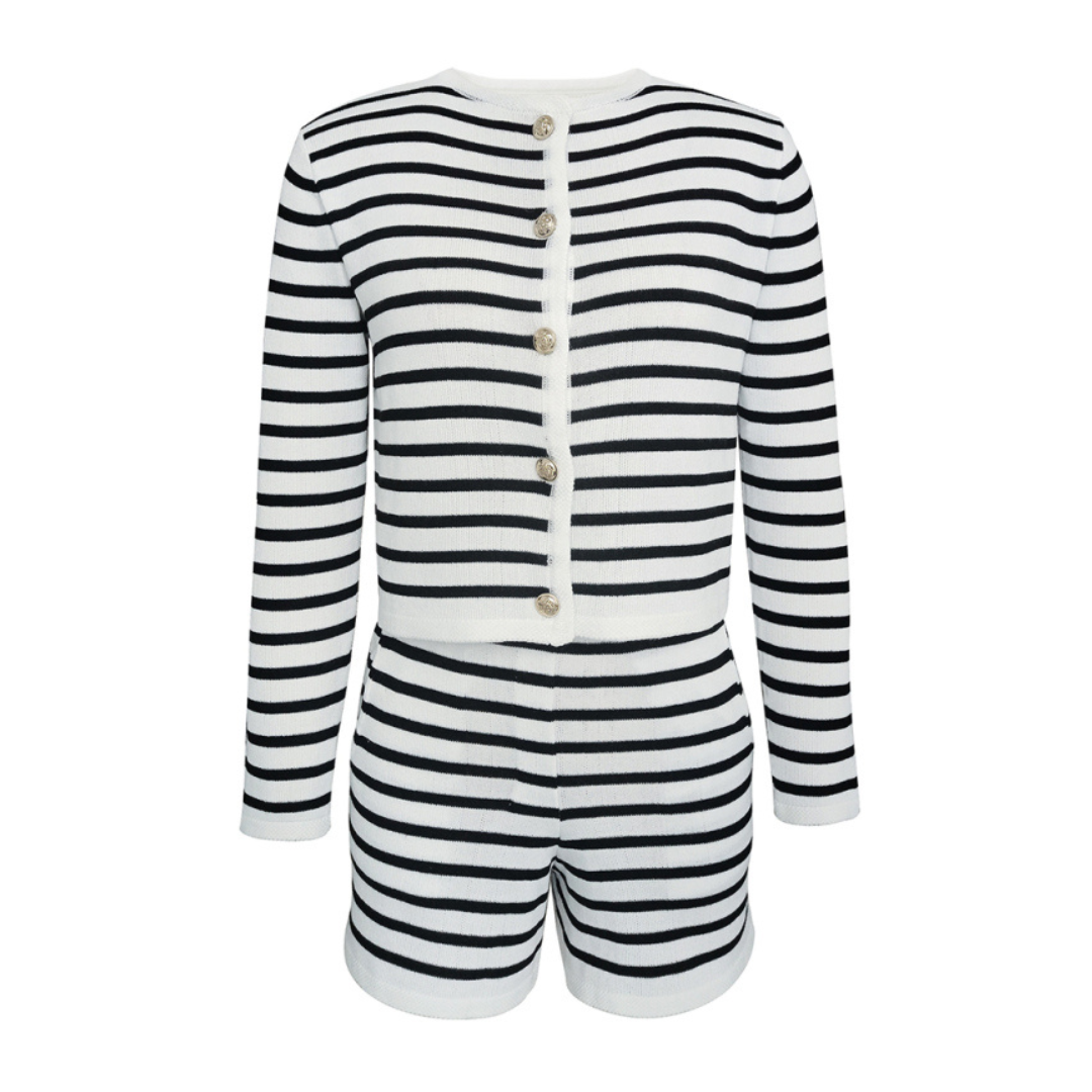 Women's Striped Simple Cardigan Shorts Two-Piece Suit two-piece set kakaclo   