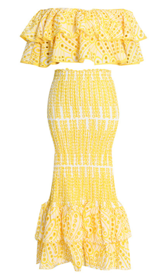 Style Fashion Ruffle Shirt + High Waist Fishtail Skirt dresses kakaclo Yellow S 