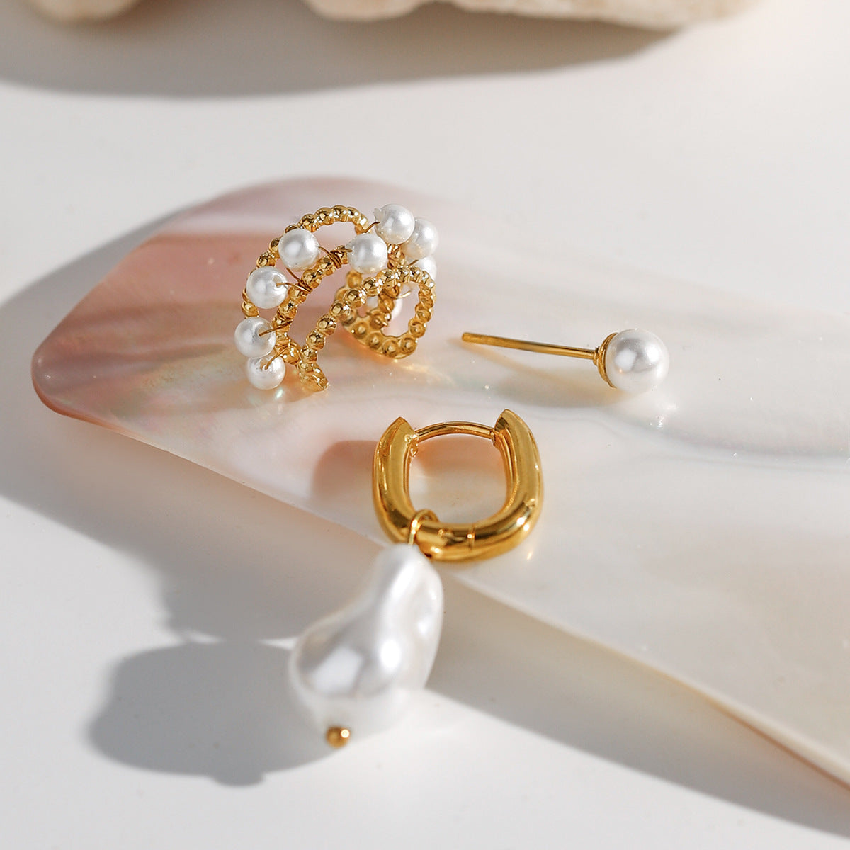 18K Gold Luminous Pearl Geometry Earrings Shopella