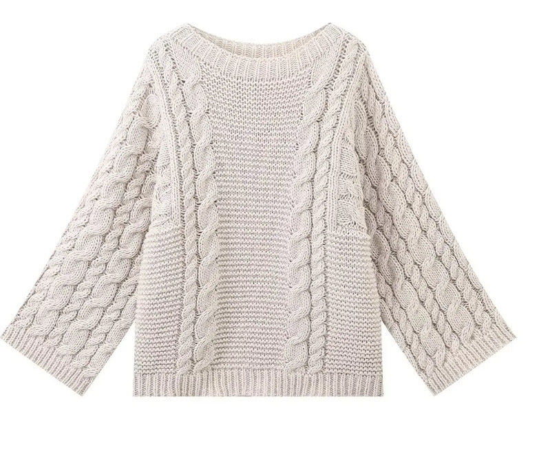 Crew neck bell sleeve knit loose sweater kakaclo Cream S