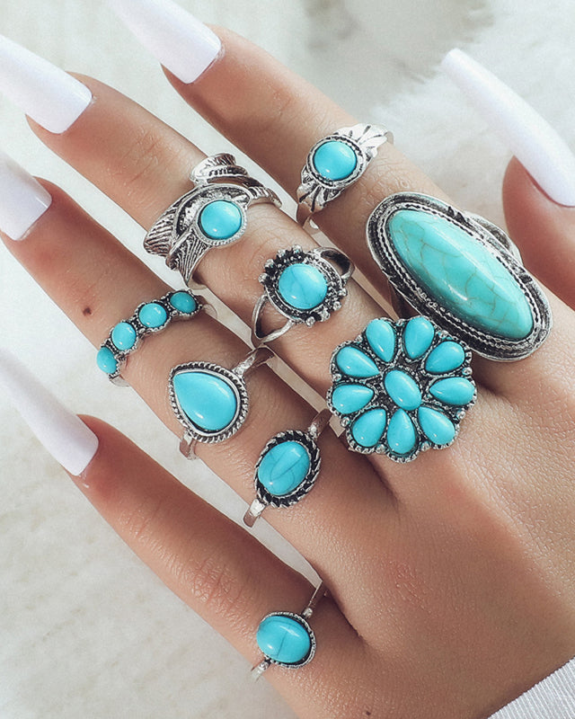 Bohemian Turquoise 9-piece Ring Set rings kakaclo Sky blue azure F