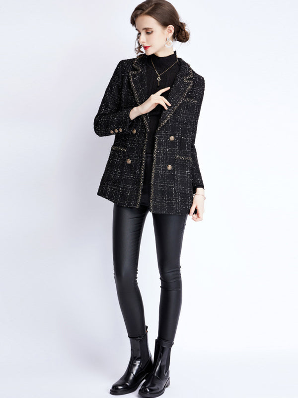 Women's small fragrant wind long sleeve tweed tartan jacket kakaclo