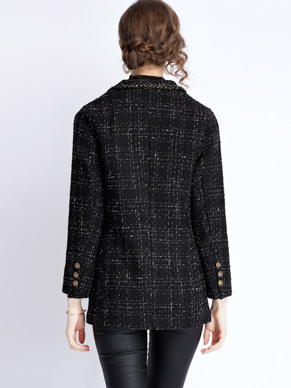 Women's small fragrant wind long sleeve tweed tartan jacket kakaclo