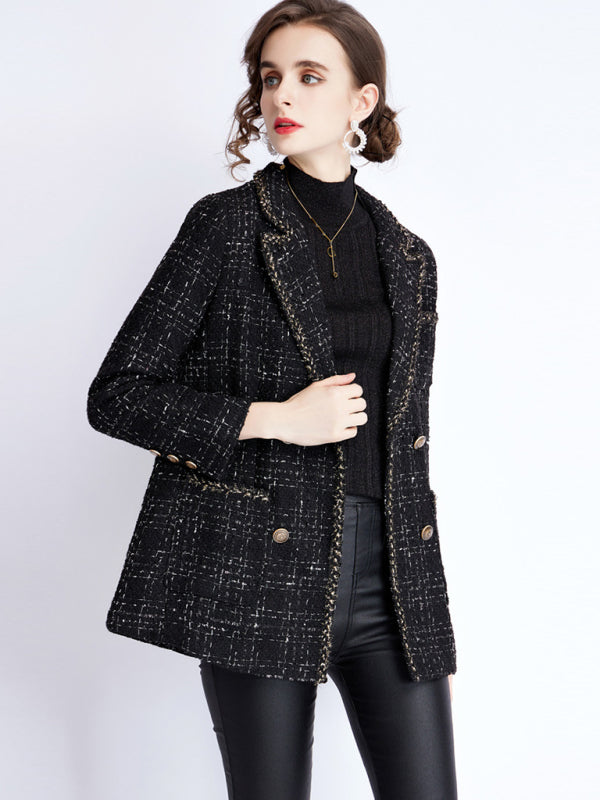 Women's small fragrant wind long sleeve tweed tartan jacket kakaclo Black S