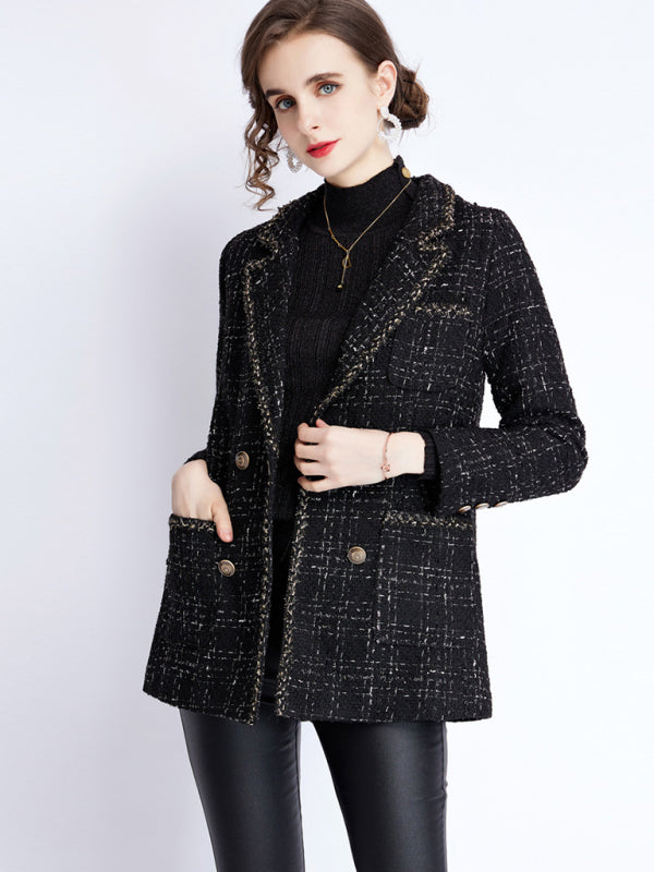 Women's small fragrant wind long sleeve tweed tartan jacket kakaclo