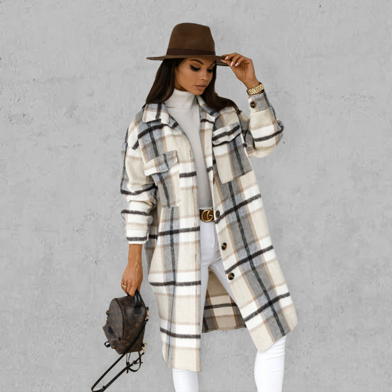 Spring and autumn new women's long-sleeved plaid print mid-length shirt coat kakaclo White plaid S