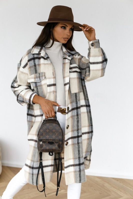 Spring and autumn new women's long-sleeved plaid print mid-length shirt coat kakaclo