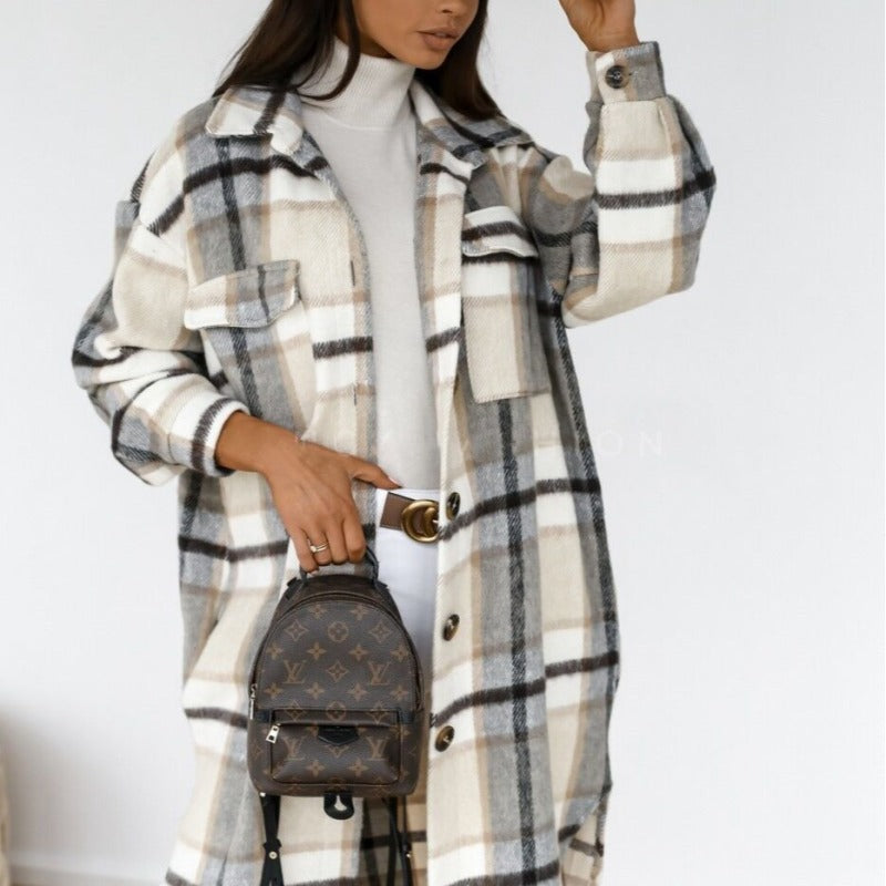 Spring and autumn new women's long-sleeved plaid print mid-length shirt coat kakaclo