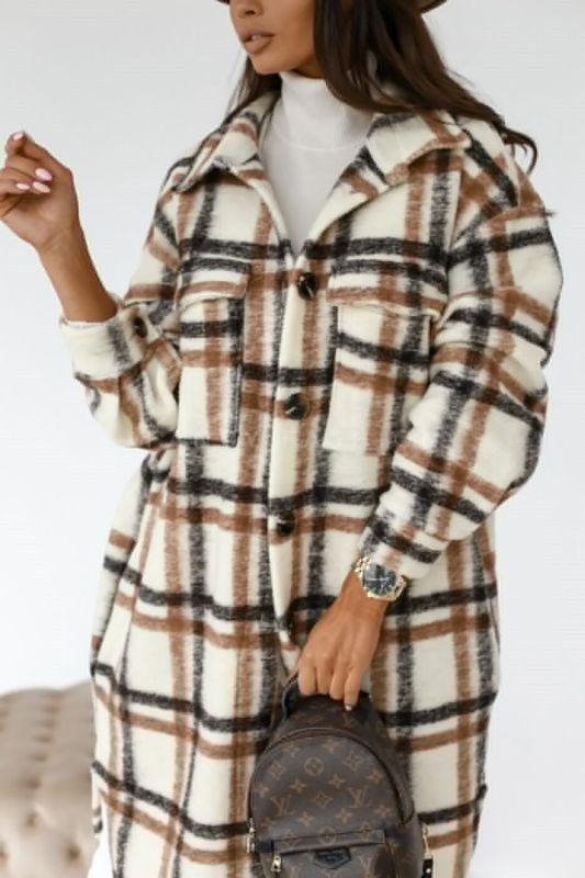 Spring and autumn new women's long-sleeved plaid print mid-length shirt coat kakaclo Khaki plaid S