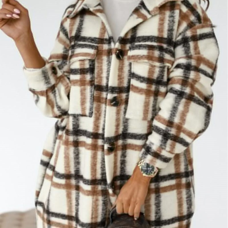 Spring and autumn new women's long-sleeved plaid print mid-length shirt coat kakaclo