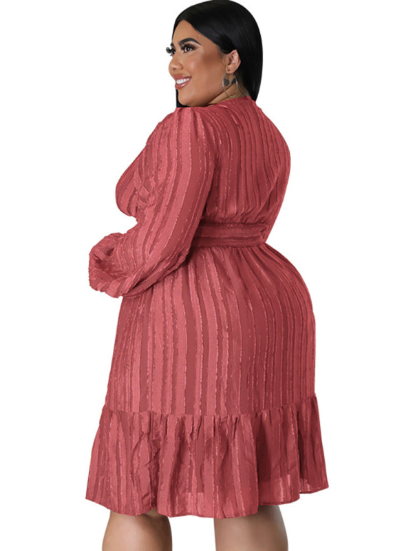 Plus size jacquard V-neck striped long-sleeved dress kakaclo