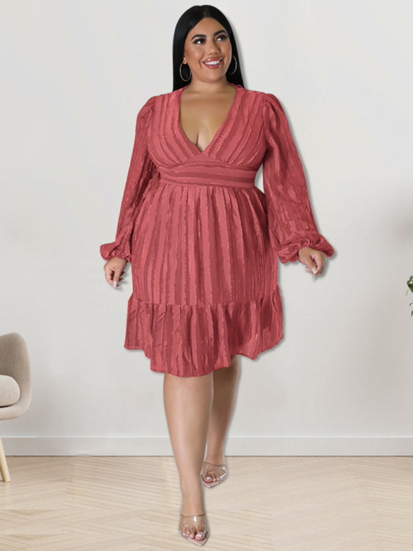 Plus size jacquard V-neck striped long-sleeved dress kakaclo