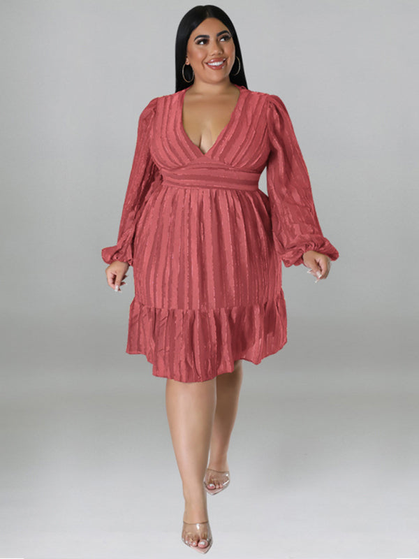 Plus size jacquard V-neck striped long-sleeved dress kakaclo Brick red XL