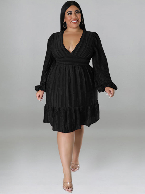 Plus size jacquard V-neck striped long-sleeved dress kakaclo