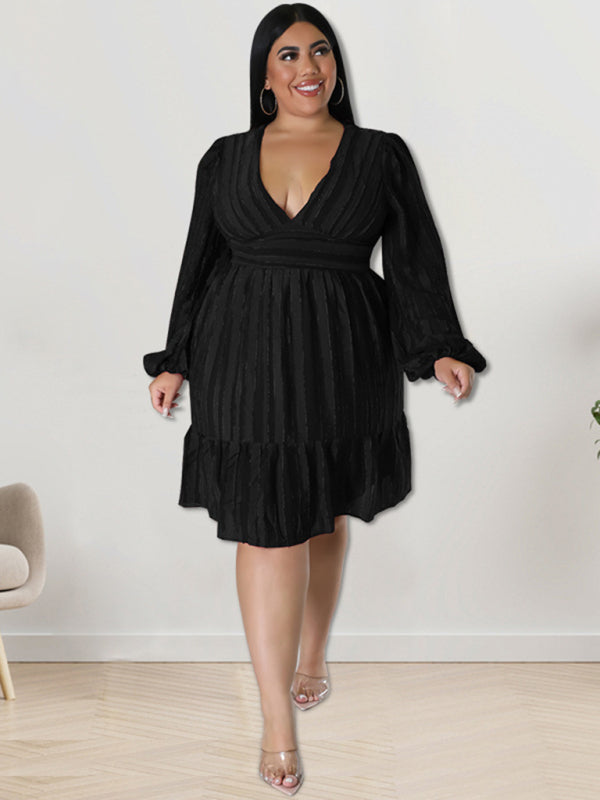 Plus size jacquard V-neck striped long-sleeved dress kakaclo