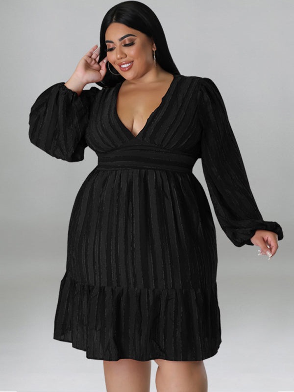 Plus size jacquard V-neck striped long-sleeved dress kakaclo Black XL