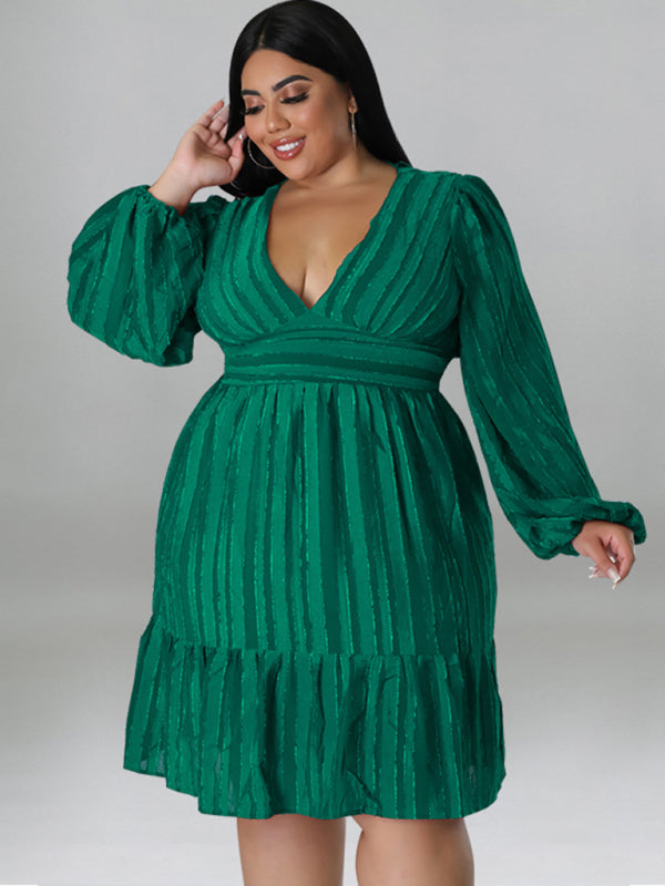 Plus size jacquard V-neck striped long-sleeved dress kakaclo Green XL