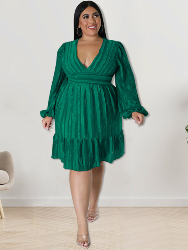 Plus size jacquard V-neck striped long-sleeved dress kakaclo