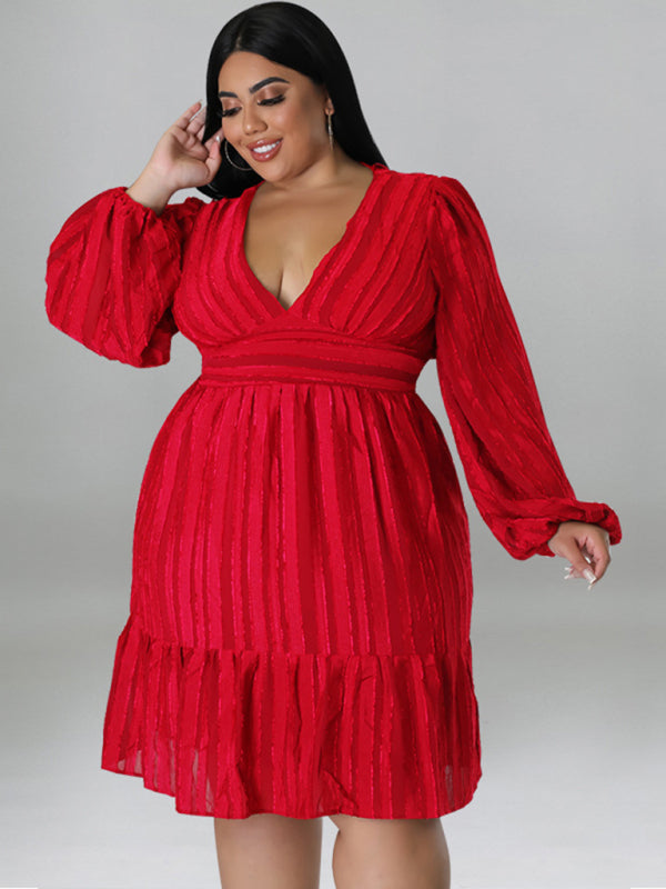 Plus size jacquard V-neck striped long-sleeved dress kakaclo Red XL