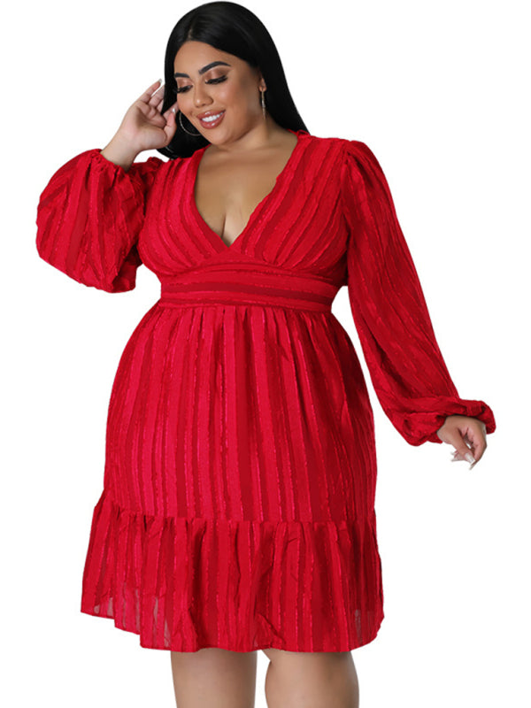 Plus size jacquard V-neck striped long-sleeved dress kakaclo