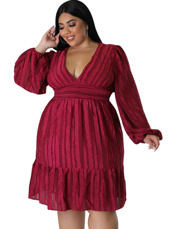 Plus size jacquard V-neck striped long-sleeved dress kakaclo