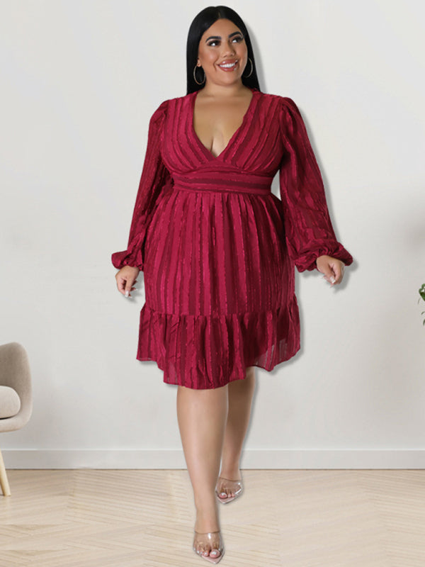 Plus size jacquard V-neck striped long-sleeved dress kakaclo Wine Red XL