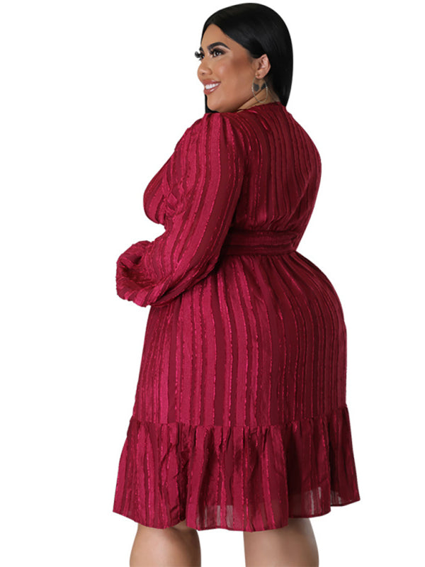 Plus size jacquard V-neck striped long-sleeved dress kakaclo